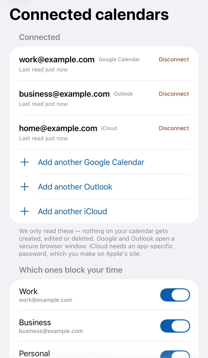 Connected calendars on iPhone: a Google Calendar, an Outlook calendar and an iCloud calendar.