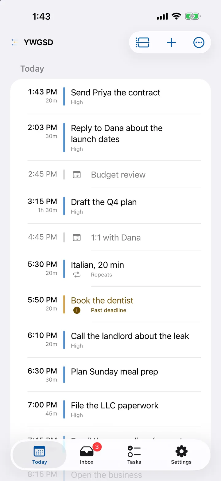 YWGSD for iPhone, Today: the afternoon’s tasks in order around the day’s meetings.