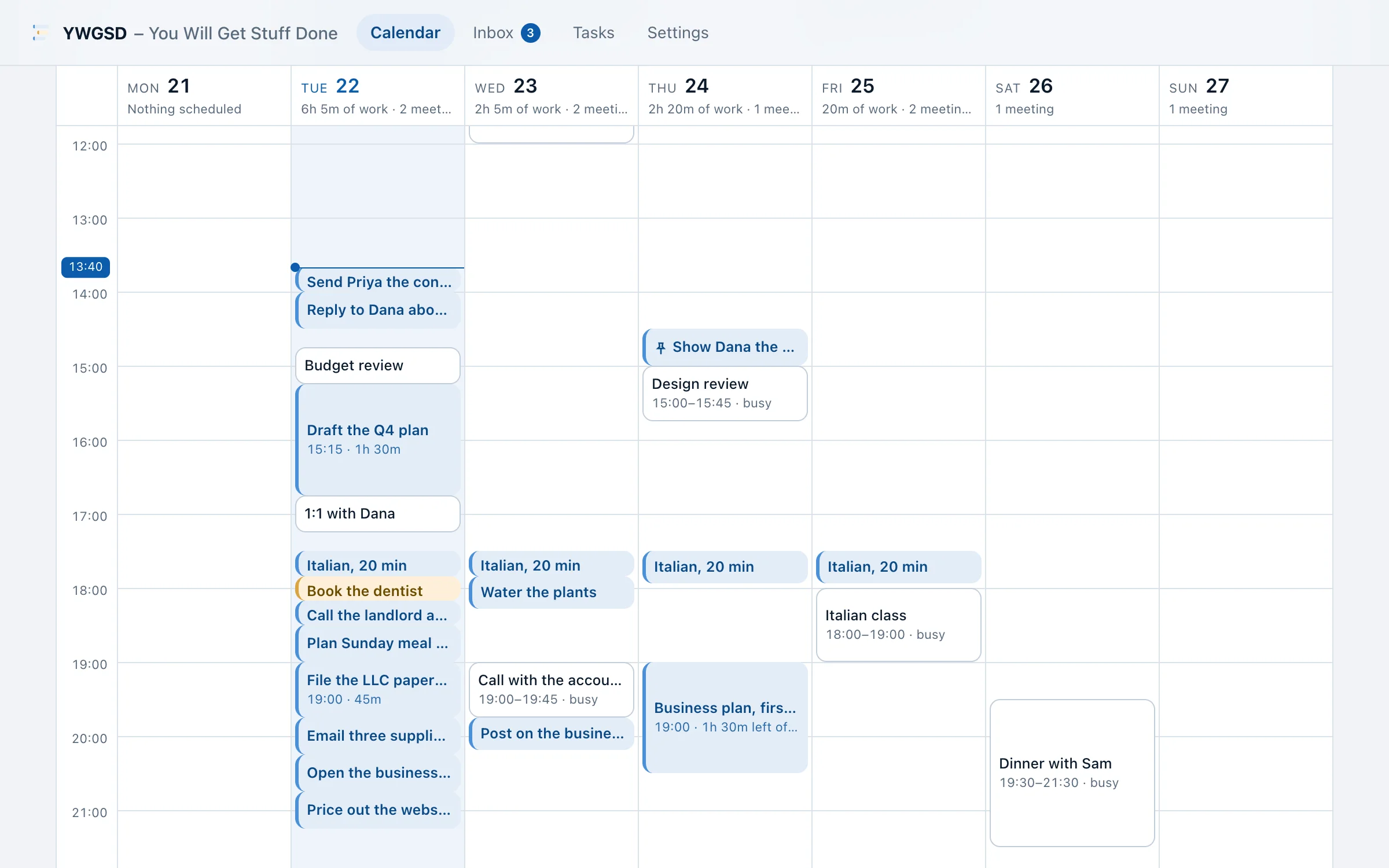YWGSD’s week view in a web browser: work tasks placed around the afternoon’s meetings, then the side business and home jobs in the evenings.